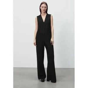 Zara Long V-Neck Jumpsuit Sz S Wide Leg‎ Black Button Up Sleeveless Office Siren